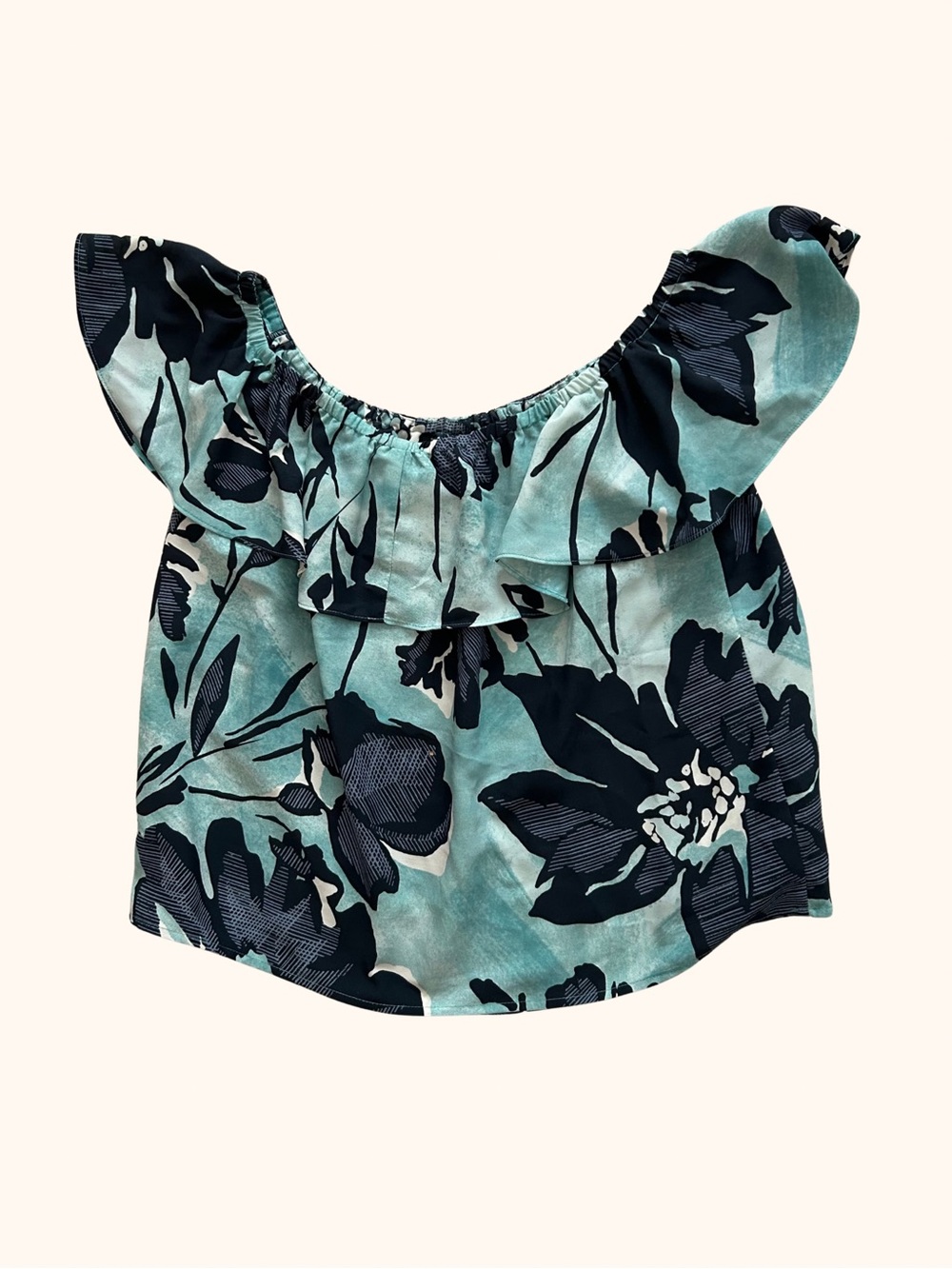 Anthropologie Maeve Off-Shoulder Ruffle Floral Top - Teal & Navy SP Small Petite